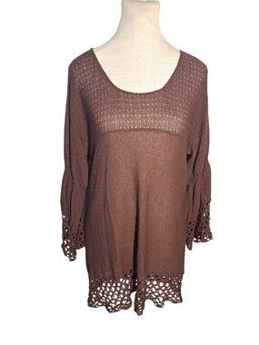 Umgee Crochet Trim Knit Scoop Neck Bell Sleeves Sweater Size Small